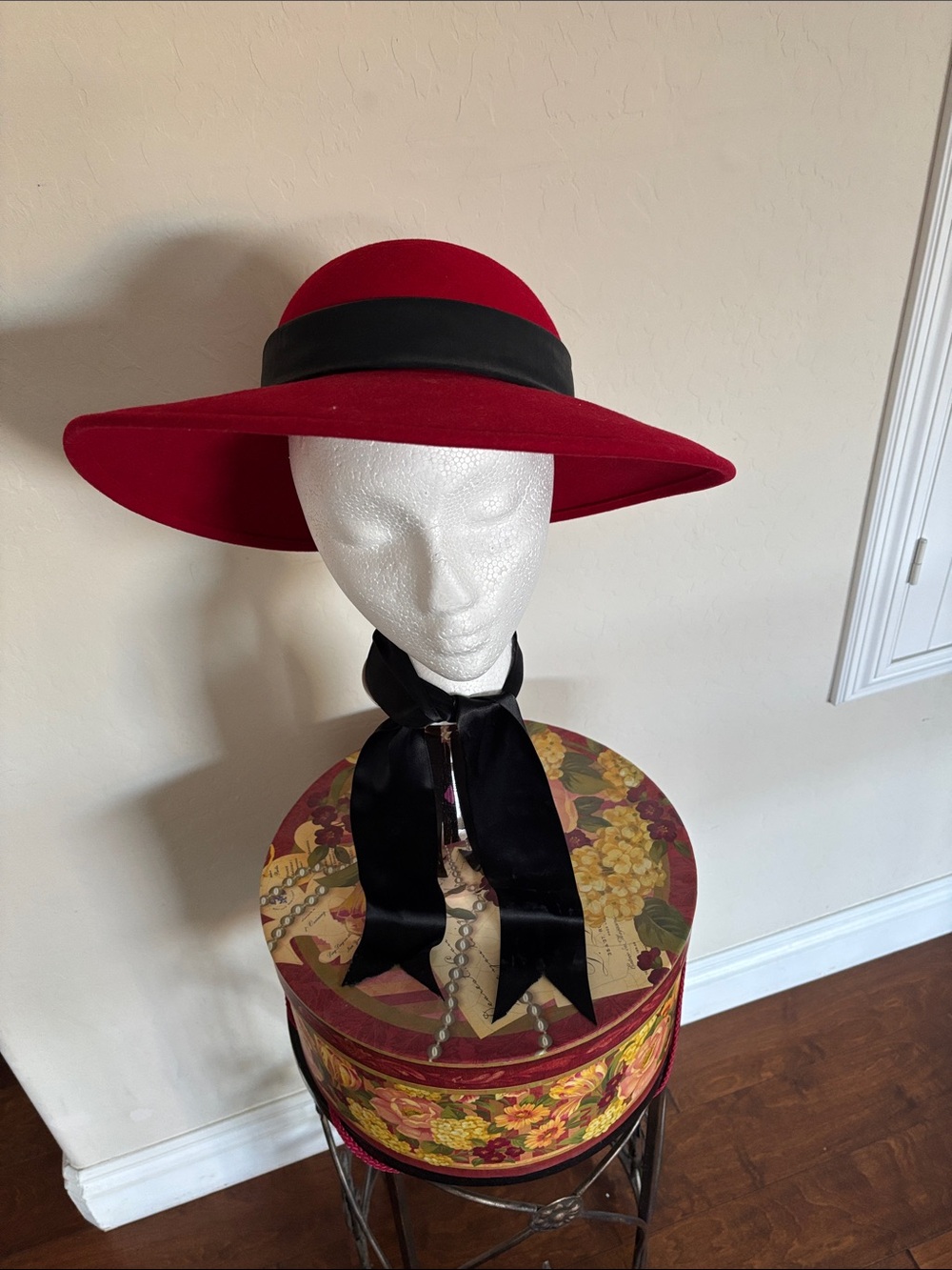 Classic Red Wide-Brim Wool Hat with Black Band
